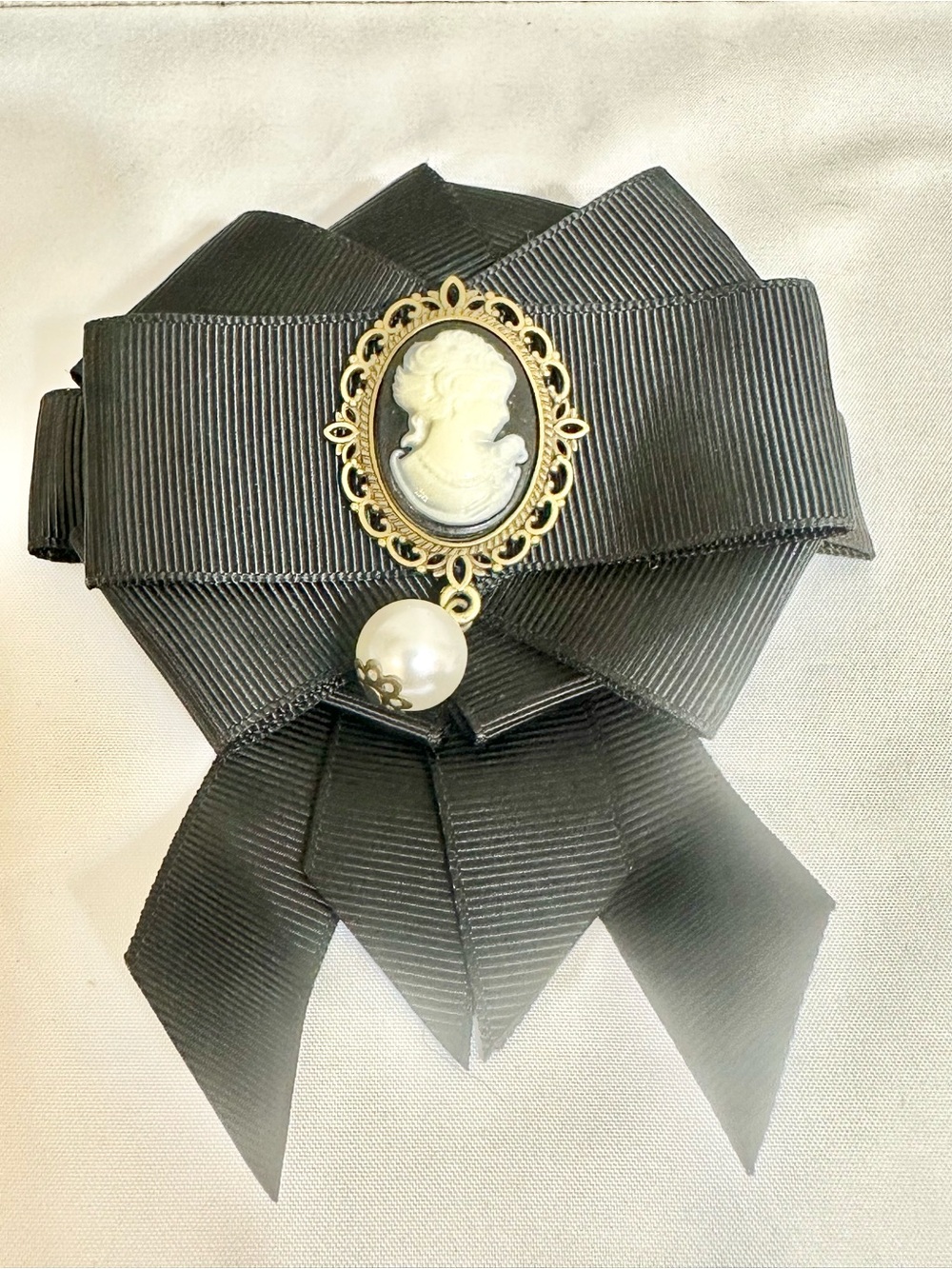 Black Ribbon Cameo Brooch with Pearl Accent